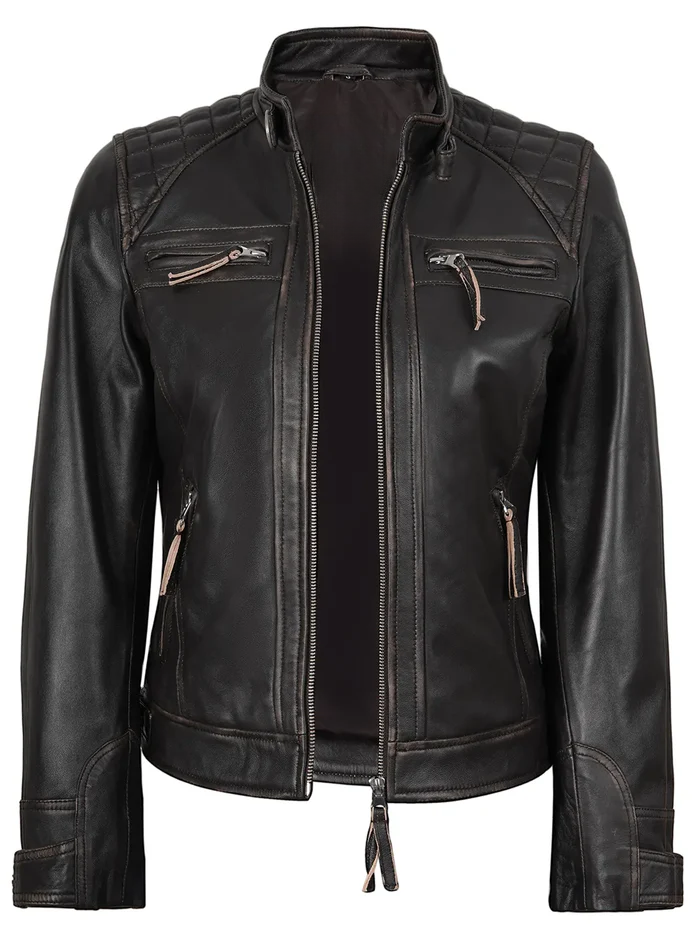 Scout Women's Dark Brown Rub-Off Biker Leather Jacket - Front Open View