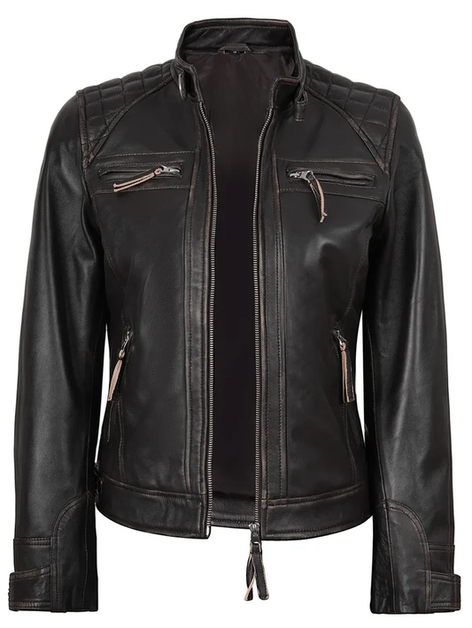 Scout Women's Dark Brown Rub-Off Biker Leather Jacket - Front Open View