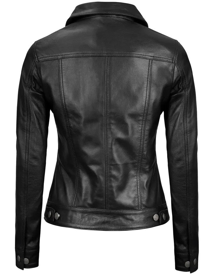 Women’s Black Leather Trucker Jacket – Front View