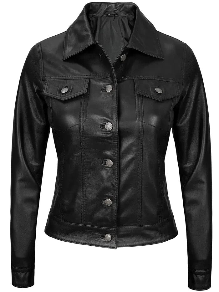 Women’s Black Leather Trucker Jacket – Front View