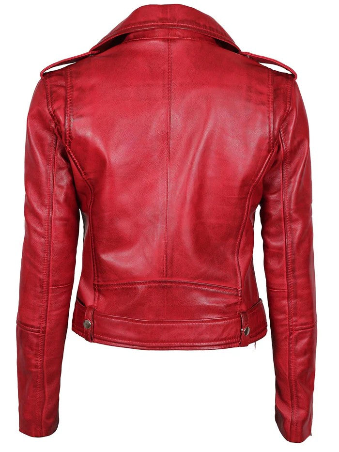 Women’s Red Leather Biker Jacket – Front View