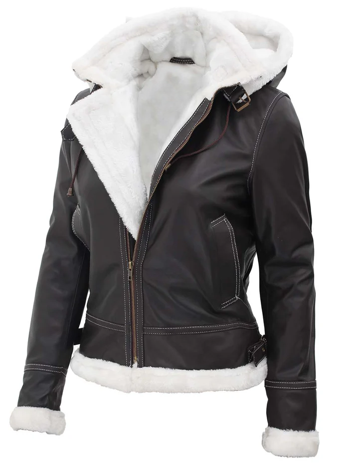 Pilot Women's Dark Brown Hooded Shearling Biker Jacket - Back View