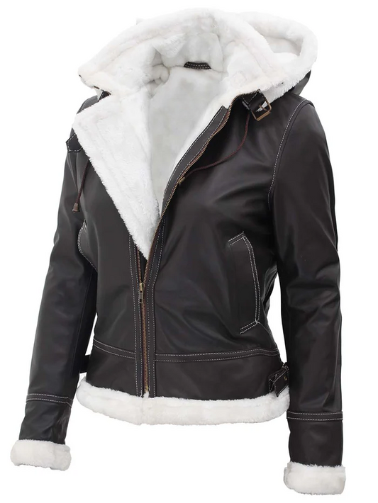 Pilot Women's Dark Brown Hooded Shearling Biker Jacket - Back View
