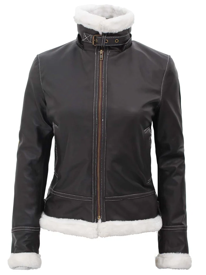 Pilot Women's Dark Brown Hooded Shearling Biker Jacket - Front View