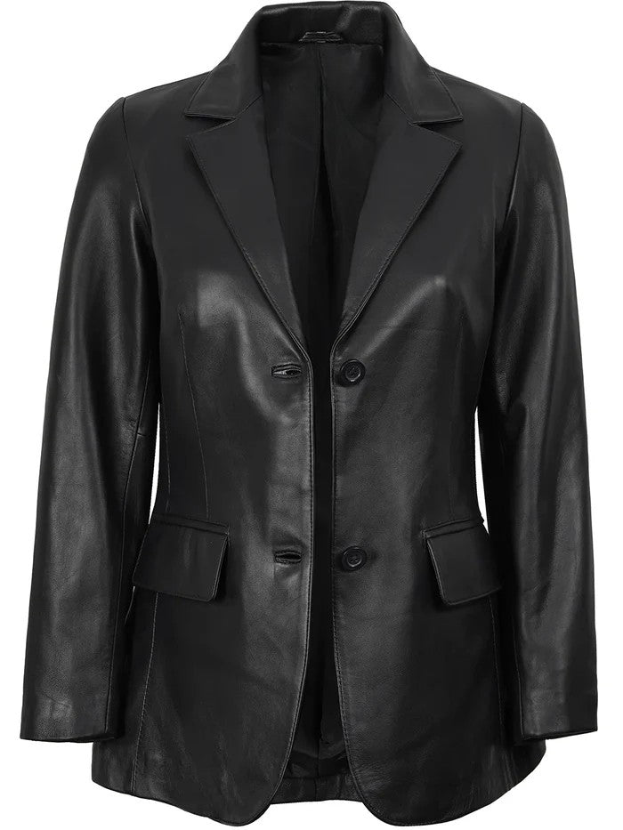 Black Leather Blazer for Women – Open Front View