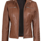 Nova Women's Tan Brown Hooded Biker Leather Jacket - Side View