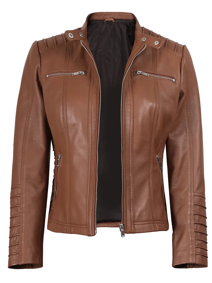 Nova Women's Tan Brown Hooded Biker Leather Jacket - Side View