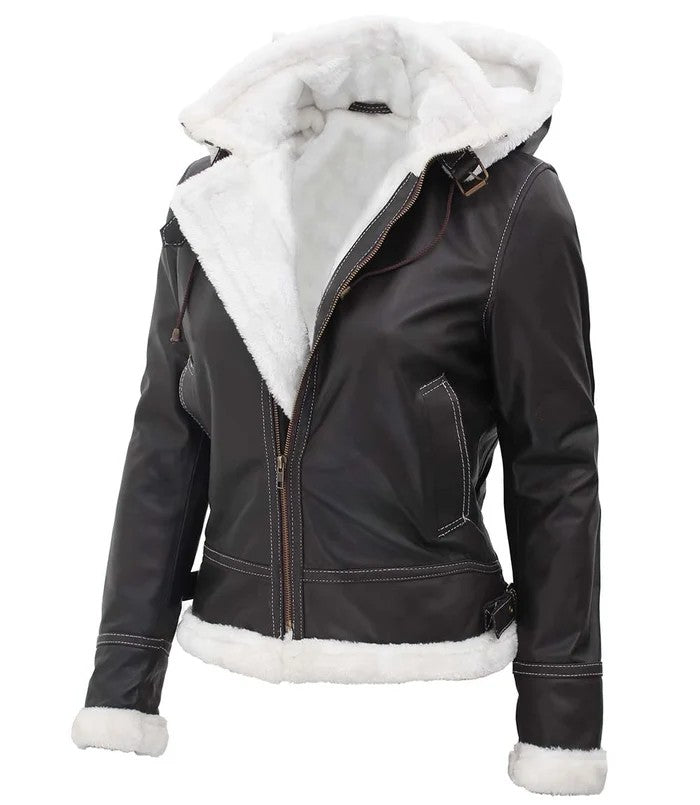 Women’s Brown Shearling Leather Jacket with Hood – Side Angle