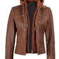 Nova Women's Tan Brown Hooded Biker Leather Jacket - Hood Detail View