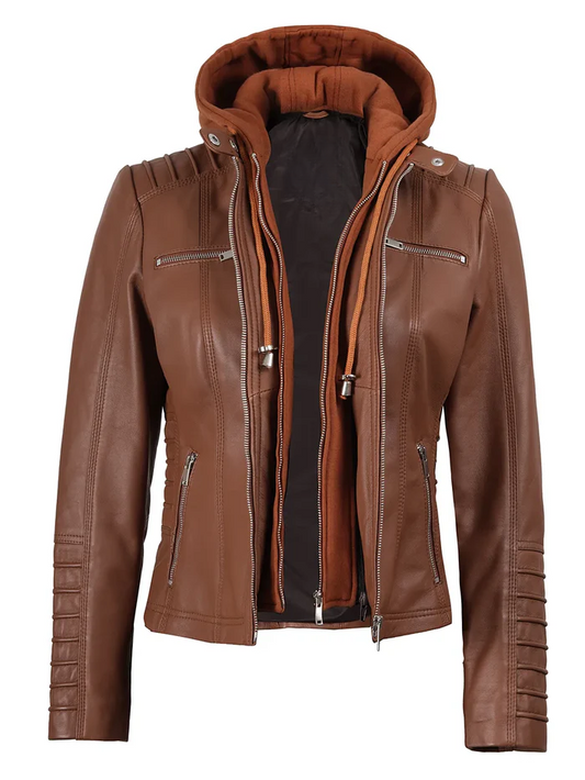Nova Women's Tan Brown Hooded Biker Leather Jacket - Hood Detail View