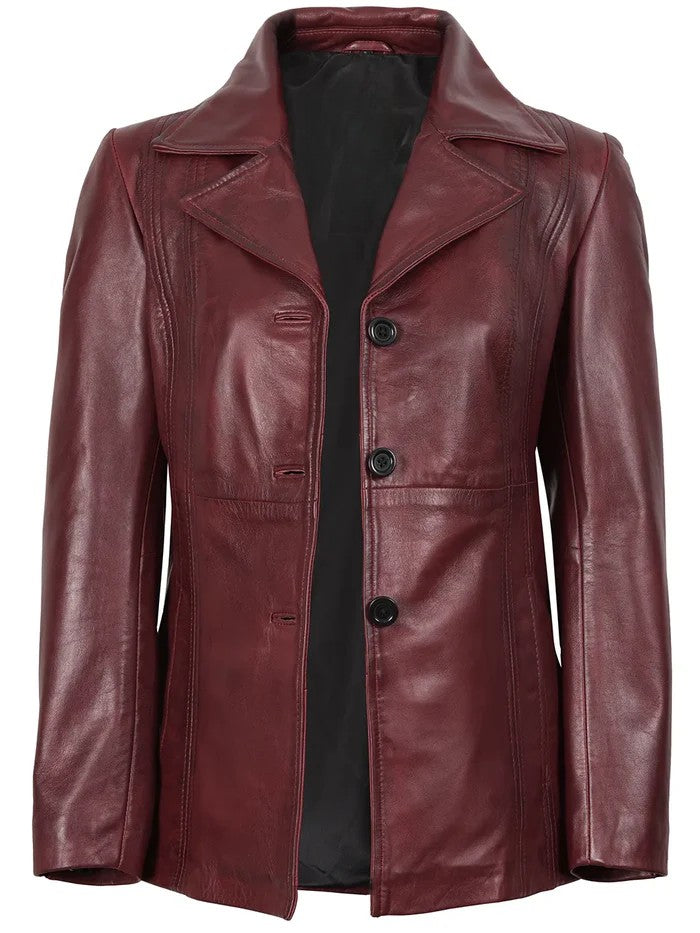 Burgundy Leather Blazer for Women – Open Front View