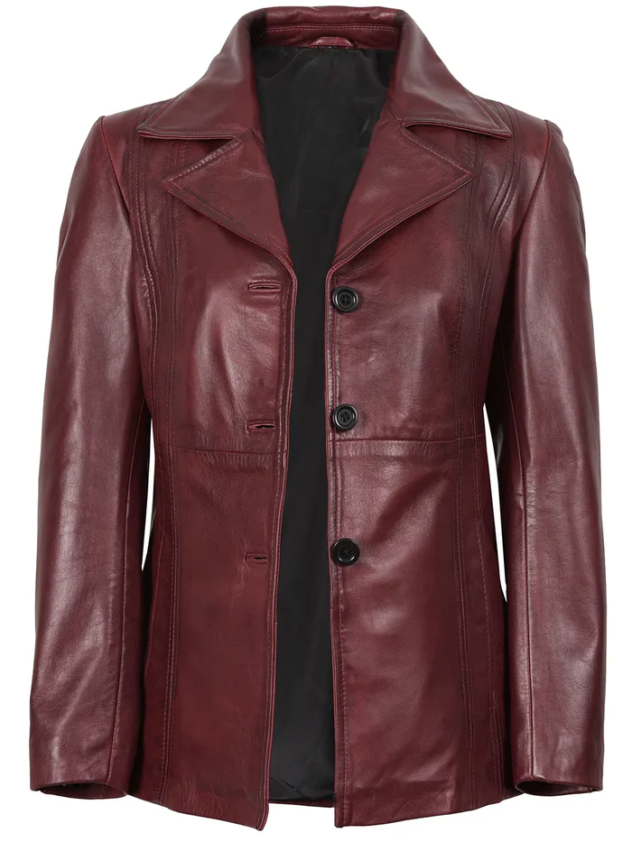 Blair Women's Burgundy Leather Blazer - Back View