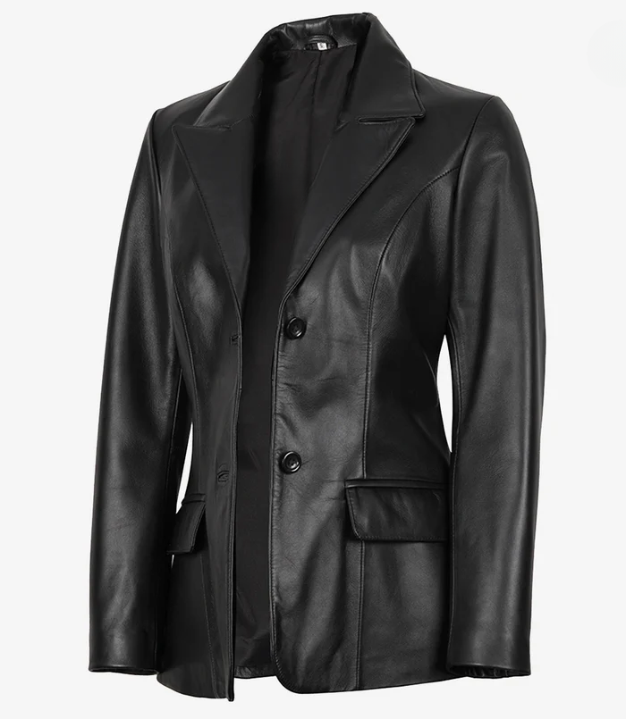 Nova Women's Black Peak Lapel Leather Blazer - Side View