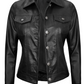 Wren Women's Black Trucker Leather Jacket - Front View