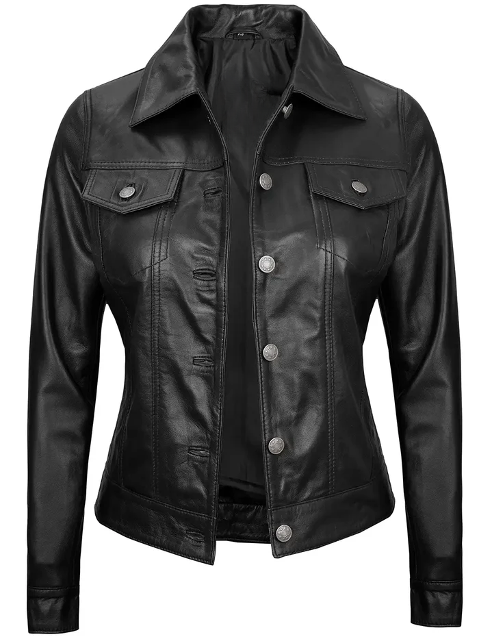 Wren Women's Black Trucker Leather Jacket - Front View