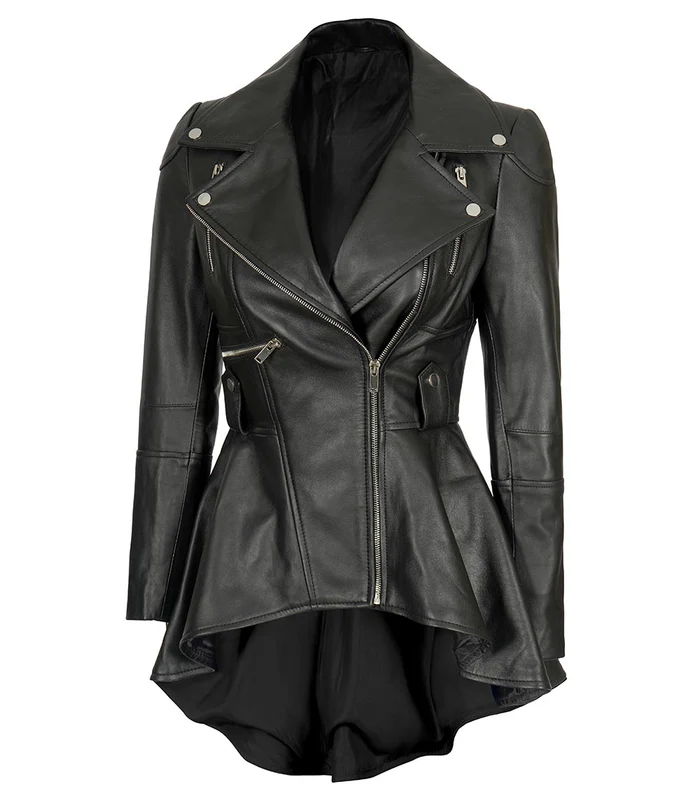 Reign Women's Black Asymmetric Peplum Biker Leather Jacket - Side View