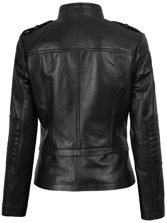 Women’s Monica Black Asymmetrical Leather Jacket – Front View