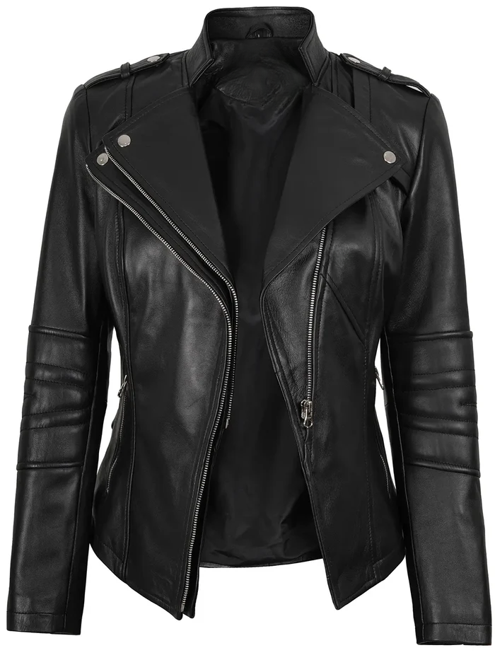 Monica Women's Black Asymmetric Moto Leather Jacket - Side View