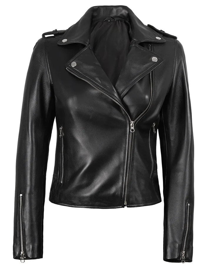 Women’s Black Asymmetrical Leather Motorcycle Jacket – Front View