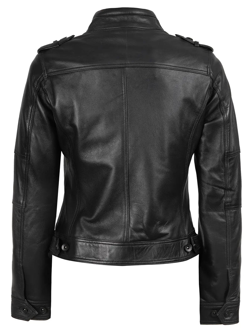 Women's Black Cafe Racer Leather Jacket - Back View