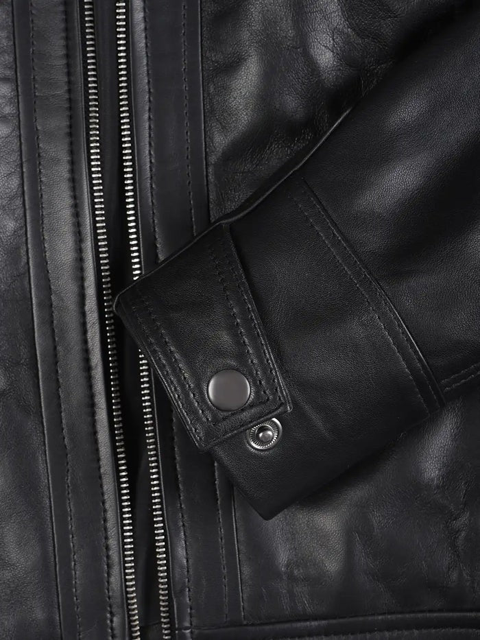 Close-up Detailing and Zipper Cuffs – Black Leather Biker Jacket