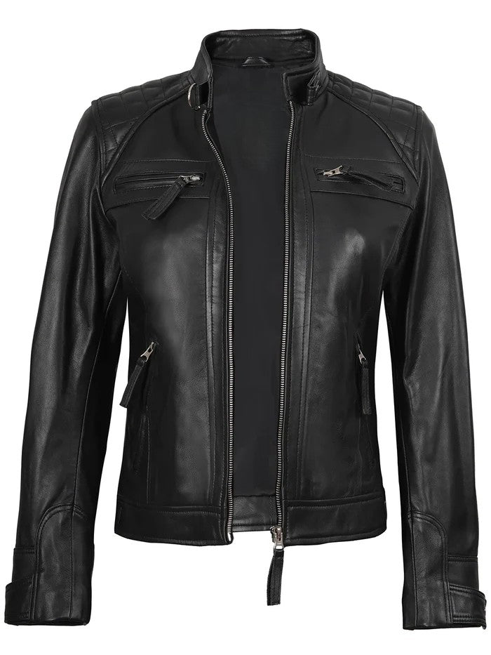 Black Sheepskin Biker Jacket for Women – Open Front