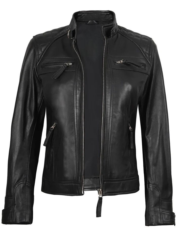 Johnson Women's Black Quilted Biker Leather Jacket - Front View