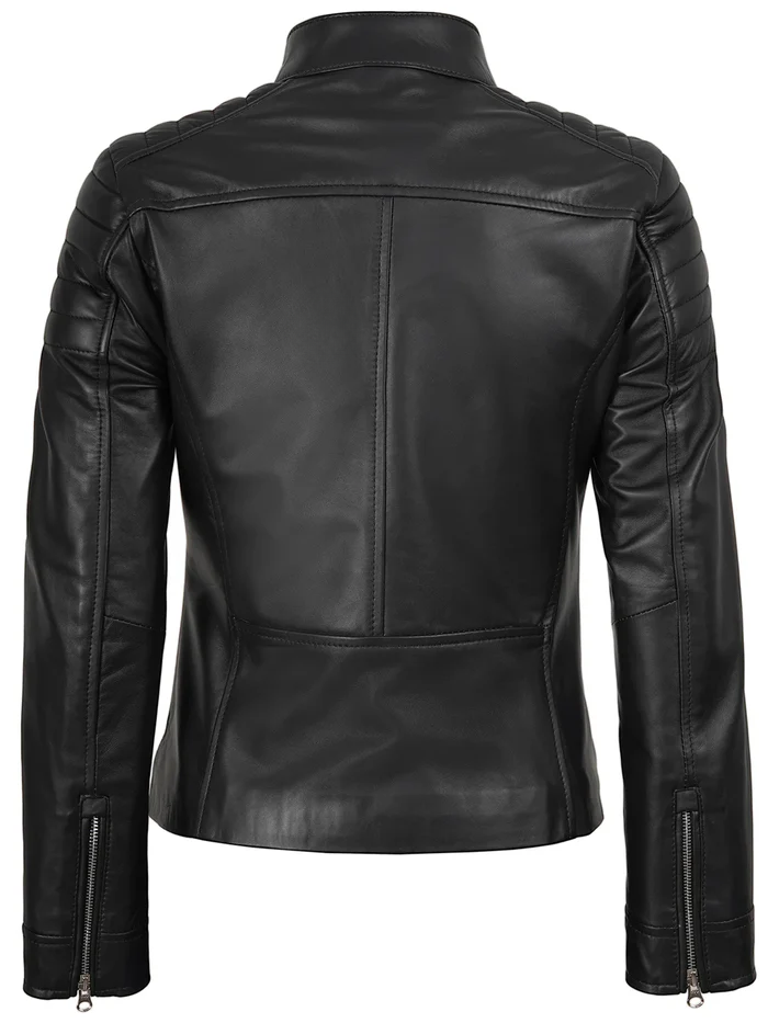Luna Women's Black Cafe Racer Leather Jacket - Front View