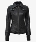 Women’s Black Bomber Leather Jacket – Front View (Removable Hood)