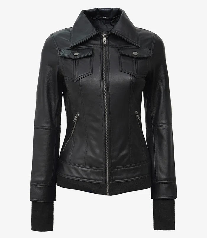 Women’s Black Bomber Leather Jacket – Front View (Removable Hood)