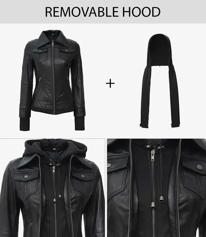 Storm Women's Black Hooded Bomber Leather Jacket - Front View