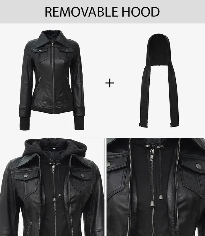 Women’s Real Leather Bomber Jacket – Hood Detail View 