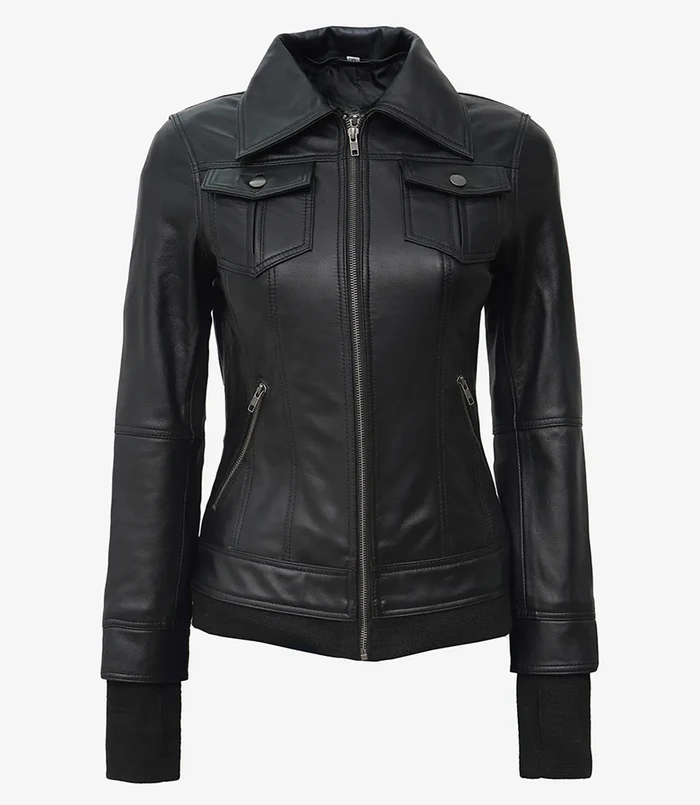 Storm Women's Black Hooded Bomber Leather Jacket - Front Open View