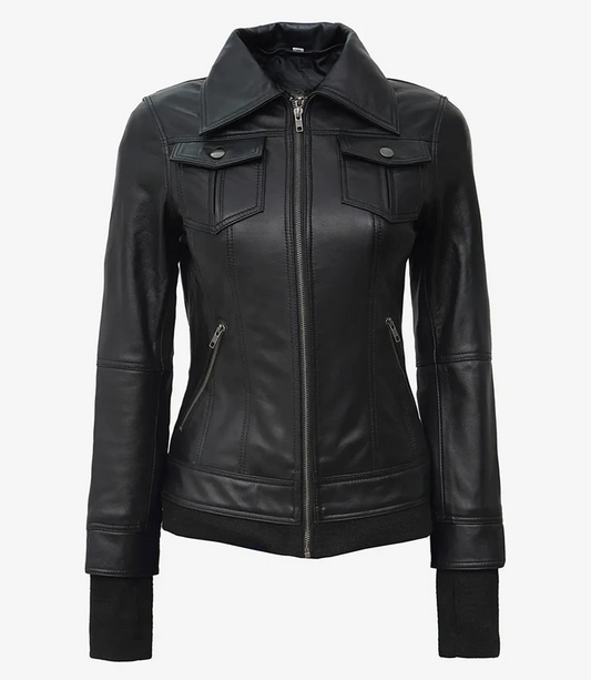 Storm Women's Black Hooded Bomber Leather Jacket - Front Open View