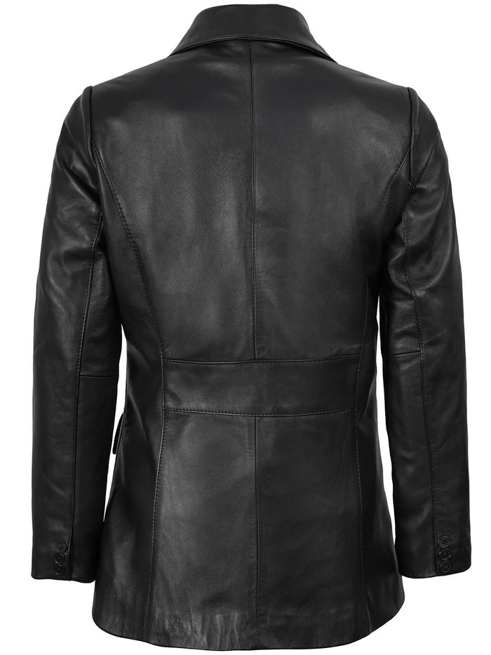 Women’s Black Two-Button Leather Blazer – Front View