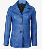 Marsha women's blue leather car coat, front view, buttoned