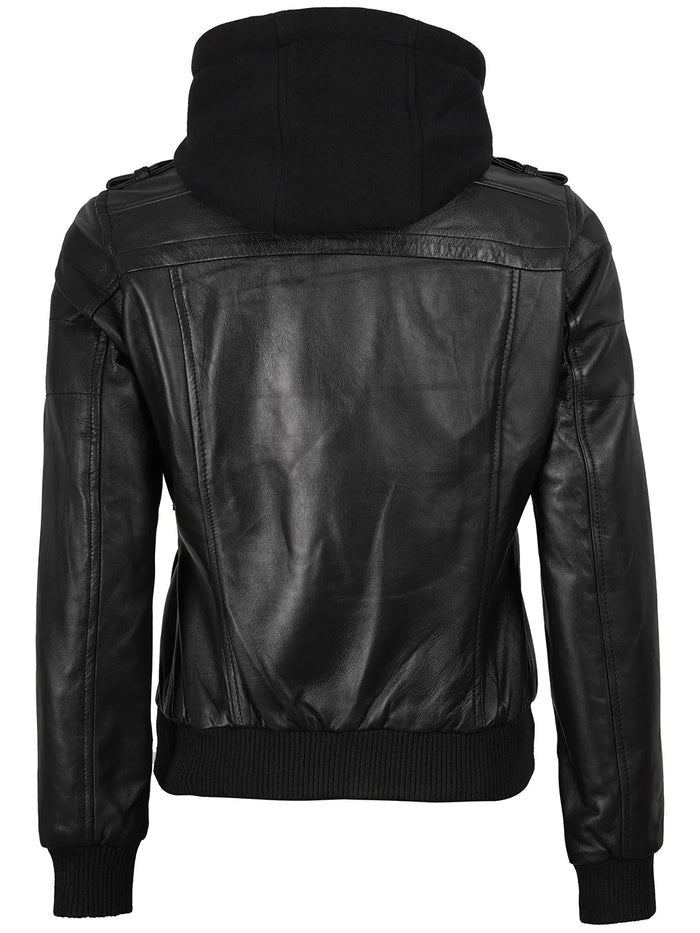 Front Open View – Black Leather Bomber Jacket with Hood for Women