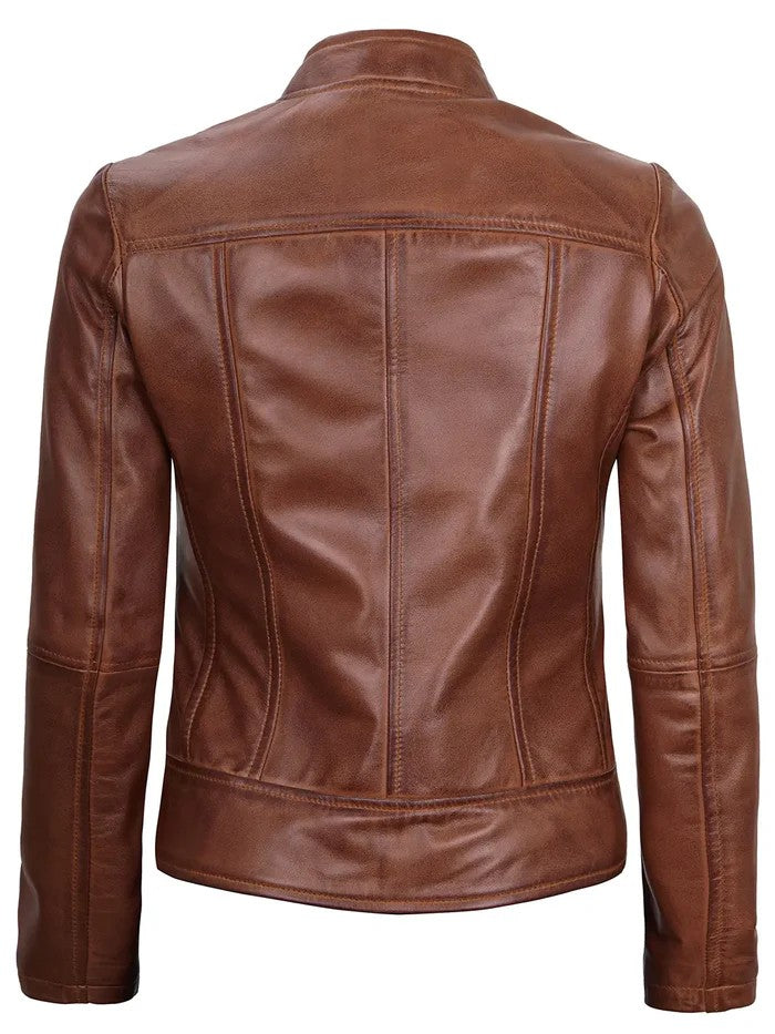 Amy Women’s Cognac Brown Café Racer Leather Jacket – Front View