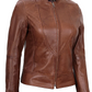 Amy Women's Cognac Brown Cafe Racer Leather Jacket - Front View