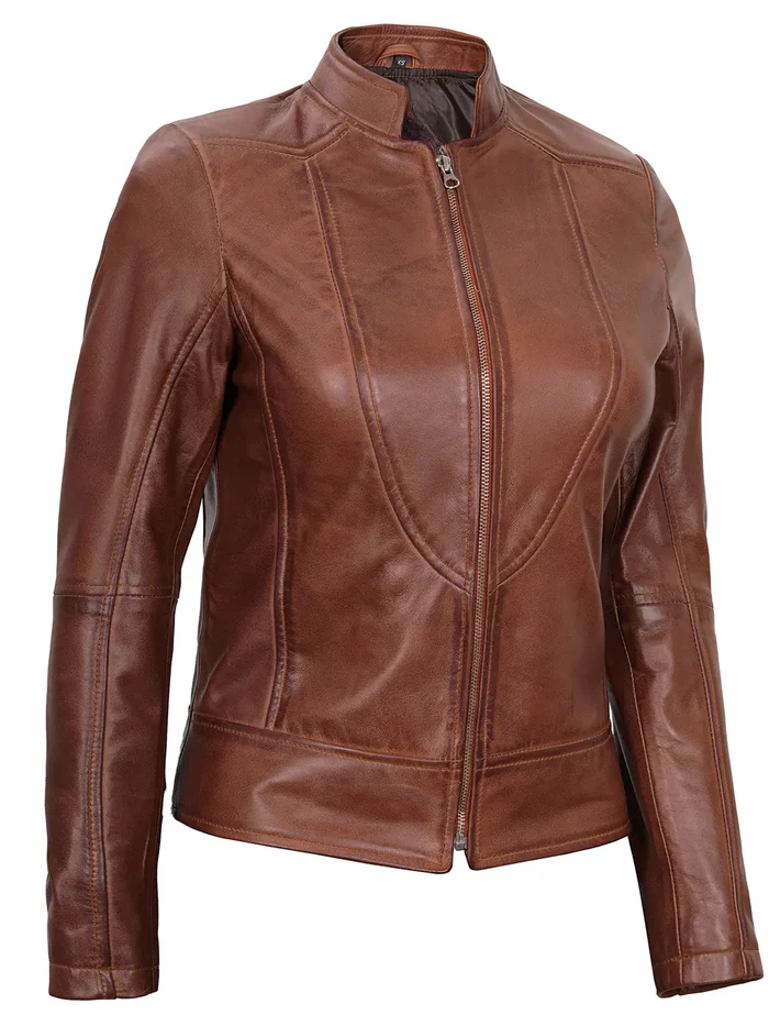 Amy Women's Cognac Brown Cafe Racer Leather Jacket - Front View