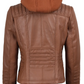 Nova Women's Tan Brown Hooded Biker Leather Jacket - Open View