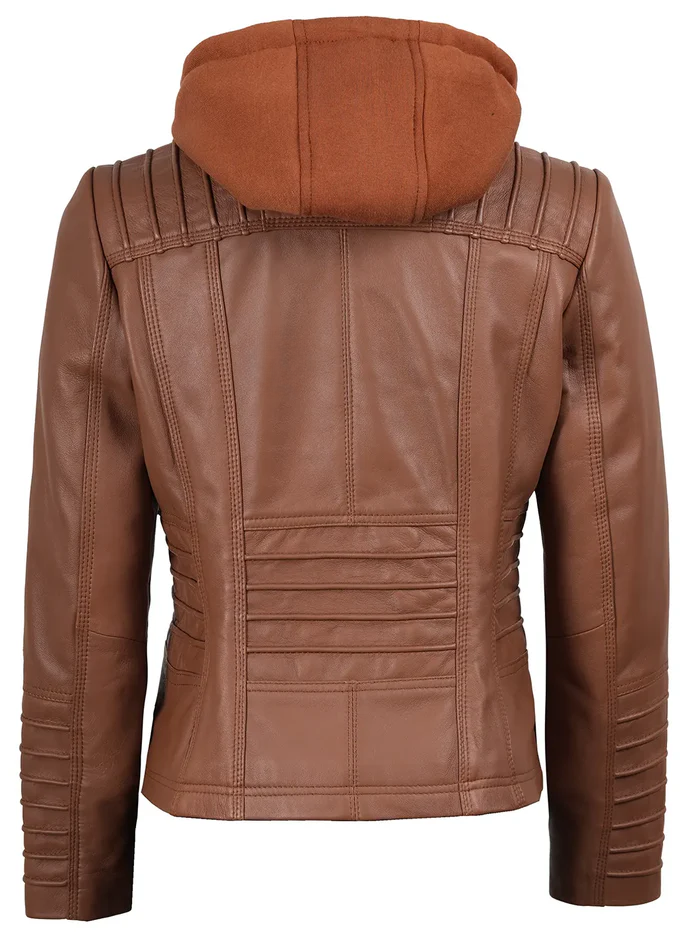 Nova Women's Tan Brown Hooded Biker Leather Jacket - Open View