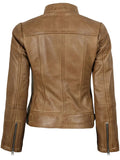 Back View of Women’s Camel Leather Moto Jacket