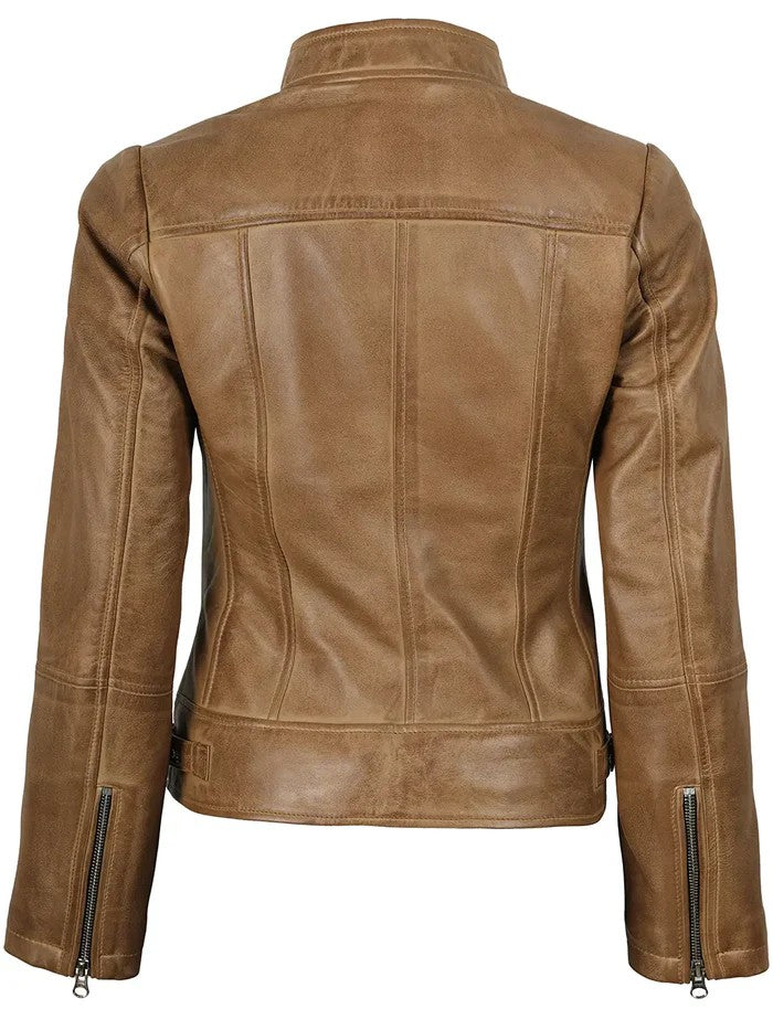 Back View of Women’s Camel Leather Moto Jacket