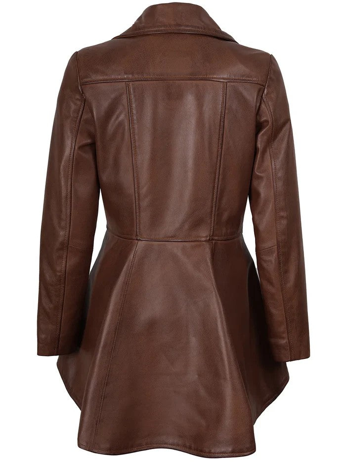 Women’s Cognac Brown Peplum Leather Jacket – Front View