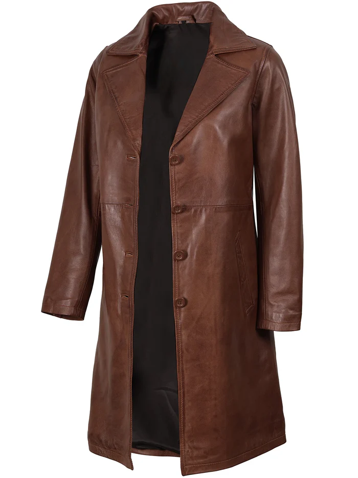 Noir Women's Cognac Brown Leather Coat - 3/4 Length View