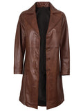 Close-Up of Women’s Cognac Brown Leather Long Coat Buttons