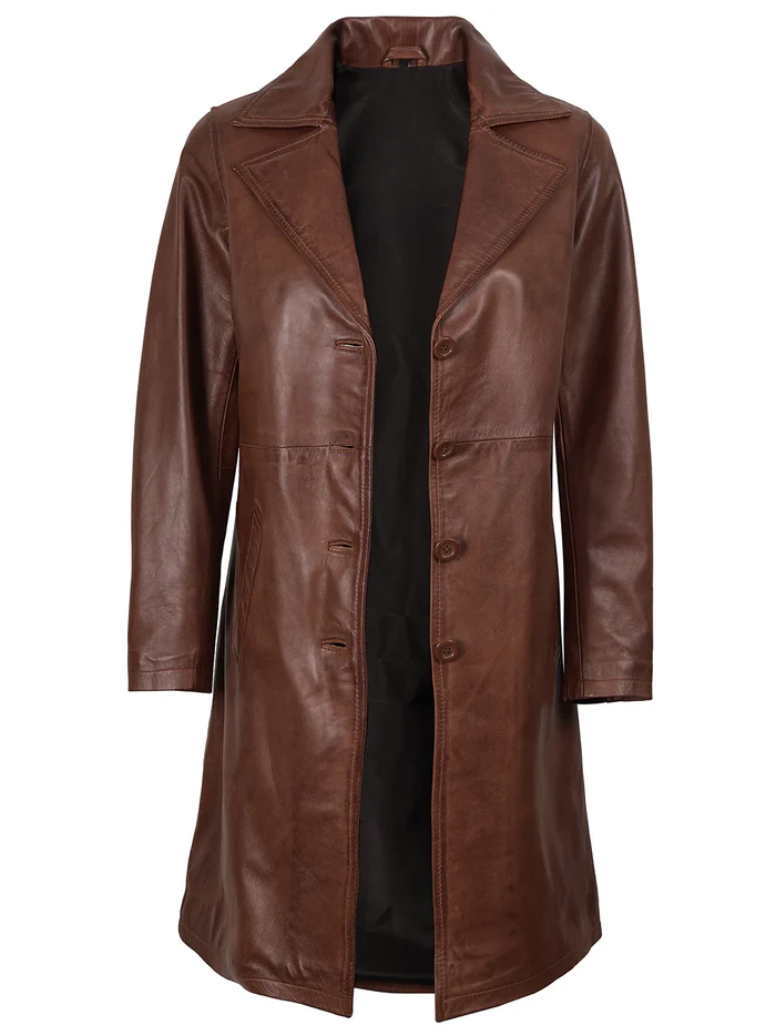 Noir Women's Cognac Brown Leather Coat - Side View