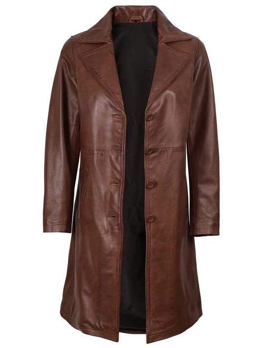 Noir Women's Cognac Brown Leather Coat - Side View