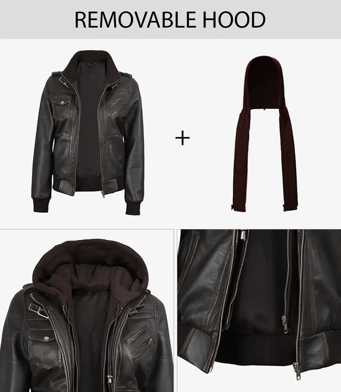 Blaze Women's Dark Brown Hooded Bomber Leather Jacket - Side View